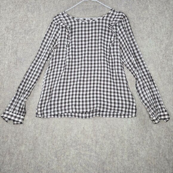 Loft Womens Plaid Long-Sleeve Blouse Black/White Lightweight Semi-Sheer - Picture 1 of 8